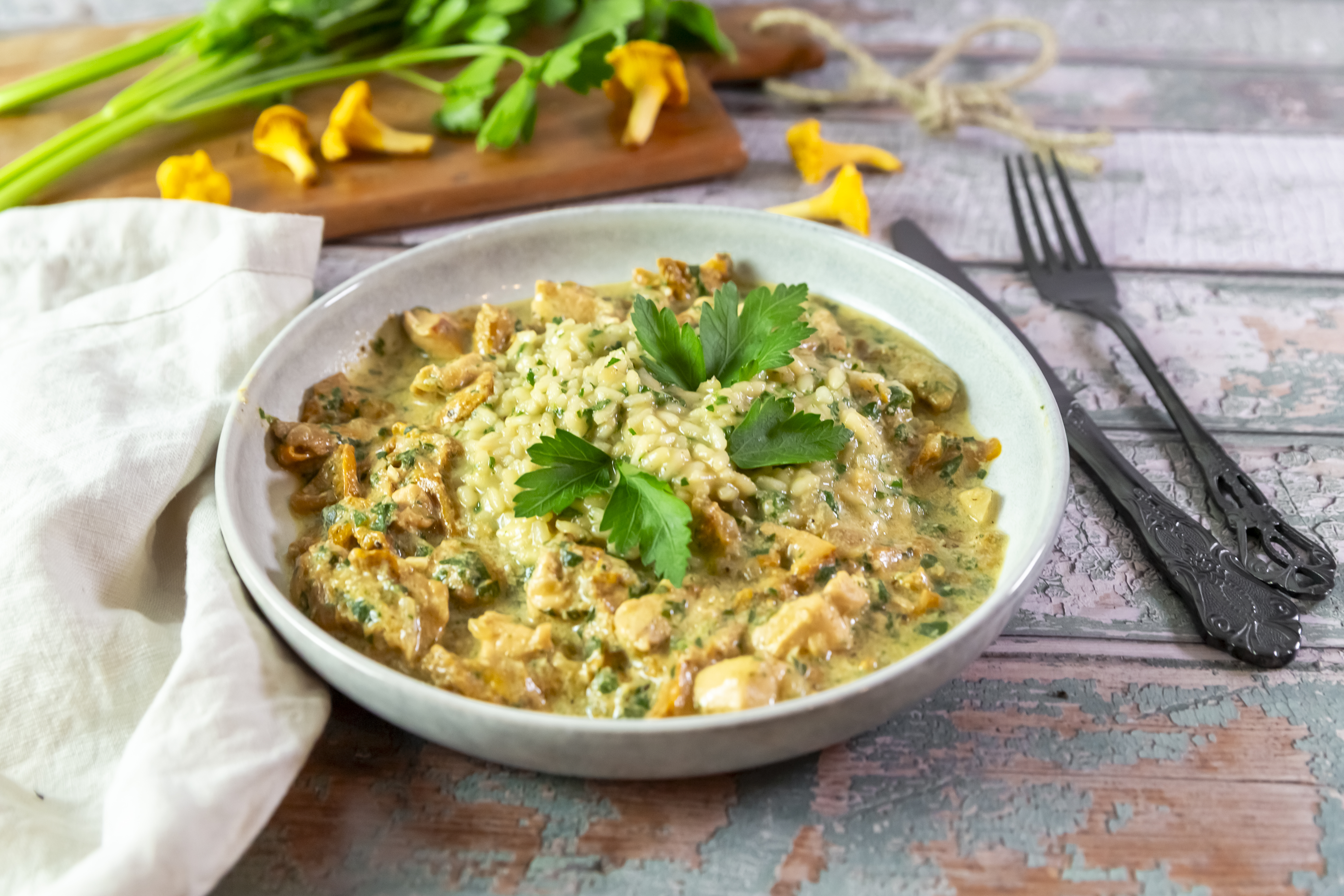 Dunkelbierrisotto mit Pfifferlingen und Hähnchen